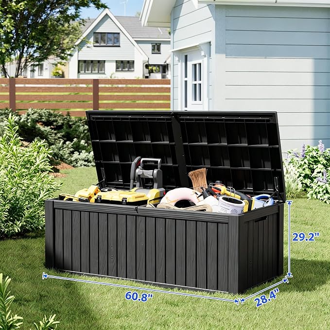 Fancyango 200 Gallon Outdoor Deck Box Waterproof, Large Storage Box for Patio, Resin Storage Bench Lockable for Garden Tools, Package Delivery, Black
