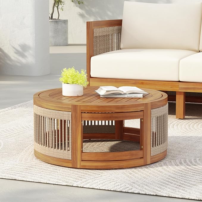 Christopher Knight Home Puekest Acacia Wood Coffee Table with Woven Rope Accents, Outdoor Patio Slatted Round Centerpiece, Boho Chic Garden Sofa Side Accent Table for Modern Decor, 27.95" W, Teak