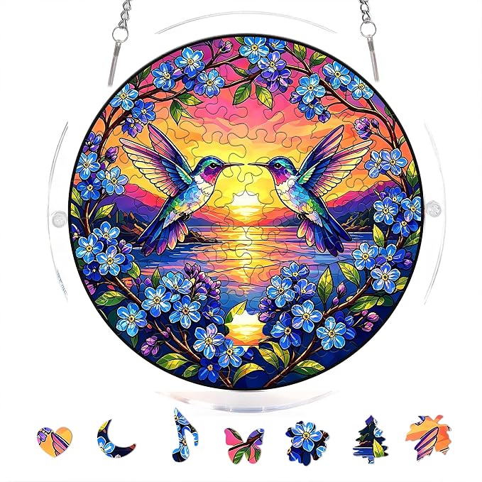 Acrylic Puzzle Suncatcher, Hummingbird & Flower Sun Catcher Jigsaw Puzzle Window Hanging, Acrylic Puzzles Kit Home Garden Decor, for Mom, Wife, Sisters, 7.87 inch
