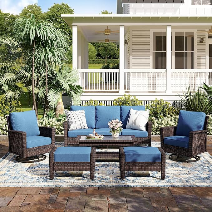 6-Piece Wicker Patio Furniture Set with Swivel Chairs, High Back Outdoor Furniture with 5.5-inch Thick Cushion and Ottoman, All-Weather Wicker Patio Conversation Set for Deck Lawn, Navy Blue