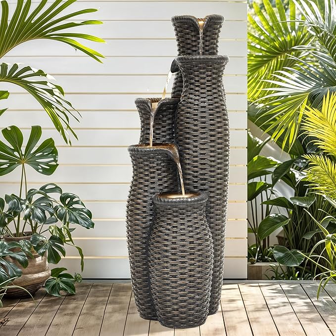 Wicker-Look Outdoor Water Fountain with Lights, 33" Tall 5-Tier Rattan Vase Cascading Waterfall Feature with Soothing White Noise for Patio Garden Backyard Porch Decor & Relaxation