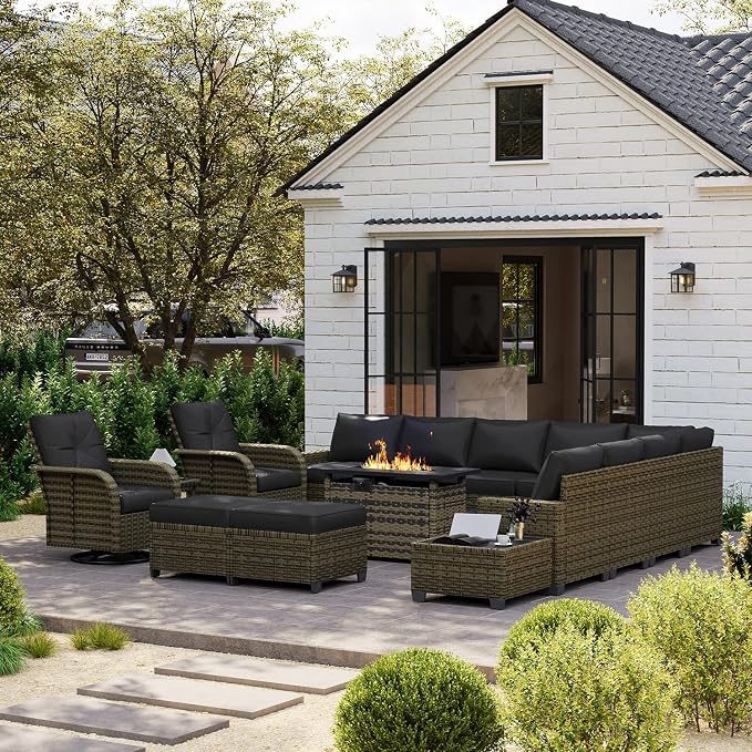 LET'S PATIO Luxury Patio Furniture Set with Fire Pit Table, 15 Piece Outdoor Furniture Set with Swivel Rocker Chairs & Ottomans, All-Weather Patio Sectional Sofas with Thickened Cushions, Black