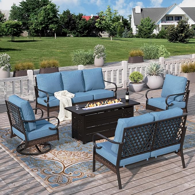 HERA'S HOUSE 5 Piece Metal Patio Furniture Set with 56" Fire Pit Table, All Weather Outdoor Conversation Set, 3 Seat Sofa with Loveseat, 2 Swivel Chairs, Seats 7 for Backyard, Garden, Navy Blue