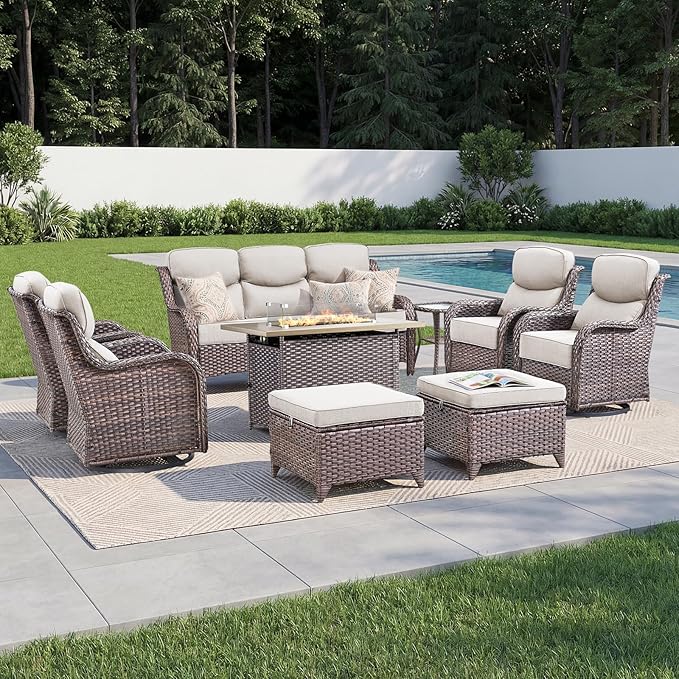 Luxury Patio Furniture Set with 6-inch Thick Cushion, Outdoor Furniture with Fire Pit Table, Swivel Chairs, Sofa, Side Table, Ottomans, 9pcs Wicker Conversation Set for Deck Yard and Poolside(Beige)