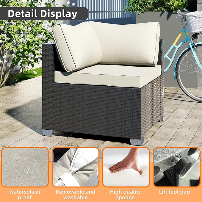 7-Piece Outdoor Patio Sectional Sofa Set – PE Wicker Rattan Conversation Furniture with Coffee Table, Cushions & Clips, Modular Patio Couch for Porch, Poolside, Backyard, Garden – Black Rattan
