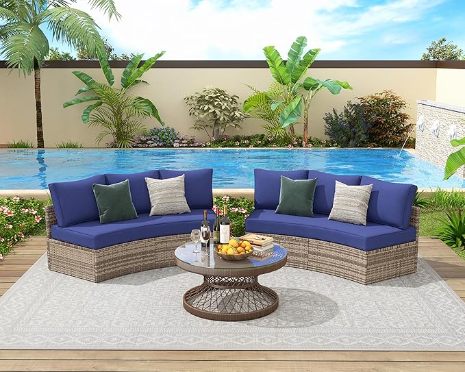 PaPaJet Patio Conversation Set, 6 Piece Half-Moon Sectional Round Patio Furniture Set, Outdoor Patio Furniture with Cushions for Beach, Pool, Balcony, Garden, Blue