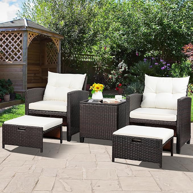 Vongrasig Patio Chair with Ottoman, 5 Pieces Patio Furniture Set Small Balcony Furniture, Rattan Patio Chairs Set of 2 with Glass Table for Front Porch Garden (Beige)