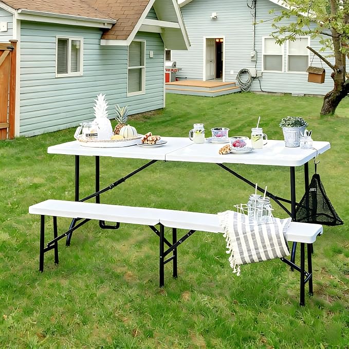 VECELO 6 FT Thick Top Picnic Table with Portable Mesh Bag, Folding Table with Strong Side Support, 500lbs Capacity for Outdoor Camping, Party, Dining - White