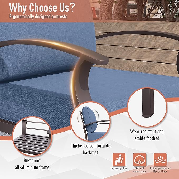Kurapika Aluminum Patio Furniture Set 7-Seat Modern Metal Outdoor Conversation Sets w/Swivel Rocking Chairs Patio Sectional Sofa w/5.1 Inch Cushion, Navy Blue