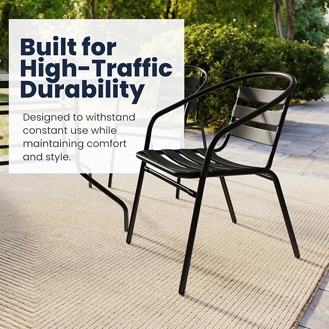 EMMA + OLIVER Patio Table & Chairs Set - Rectangular Metal Table with Tempered Glass Top - 4 Black Aluminum Stacking Chairs - All Weather for Indoor/Outdoor Use