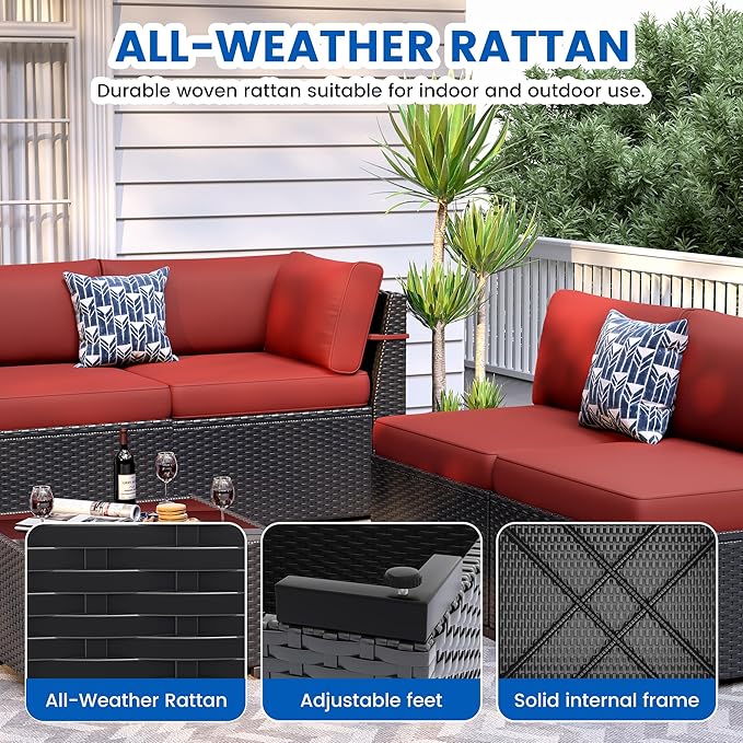 Patio Furniture Sets, 7-Piece Outdoor Patio Furniture with Thick Cushions,Coffee Table Outdoor All-Weather Conversation Set Sectional Sofa for Backyard, Poolside, Garden(Wine Red)