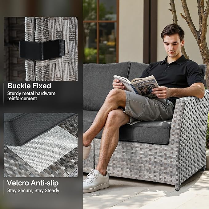 Fully Assembled & Spacious 9-Pc Outdoor Sofa Set, Patio Rattan Conversation Group with Rocking Chair and Tea Table