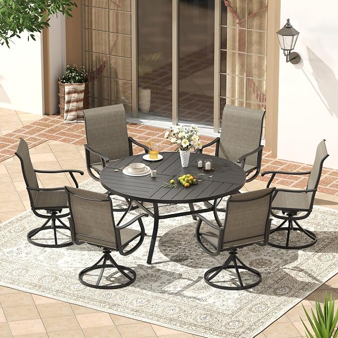 VICLLAX Patio 7 Pieces Outdoor Dining Set, 53" Round Metal Table with Umbrella Hole and 6 Swivel Textilene Chairs for Lawn, Garden, Porch, Black/Brown