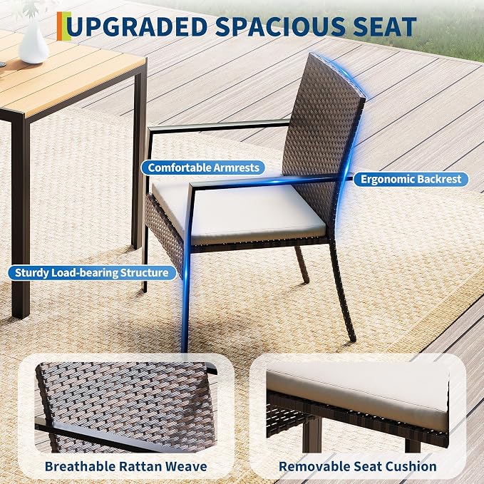 3 Piece Patio Dining Set, Wicker Outdoor Table and Chairs with Umbrella Hole ＆ Soft Cushion, Patio Furniture Set for Backyard, Garden, Poolside, Deck - Black＆White