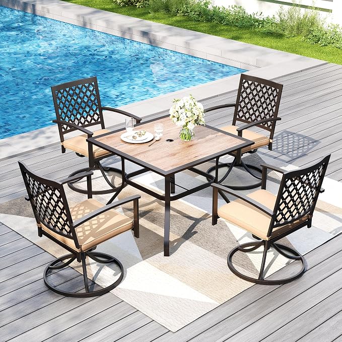 PHI VILLA Patio Dining Set for 4, Swivel Chairs& 37" Square Steel Table | Table w/ Polywood Tabletop&Swivel Wrought Iron Chairs with Cushions, Outside Furniture Set for Patio, Deck, Yard, Porch