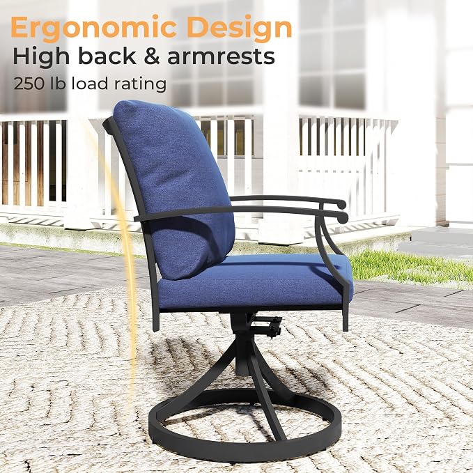 HAPPATIO 7-Piece Patio Dining Set, Outdoor Dining Set with Powder-Coated Metal,Dining Table with Umbrella Hole, 6 Swivel Chairs with Removable Cushions for Porch Poolside Garden,Navy Blue