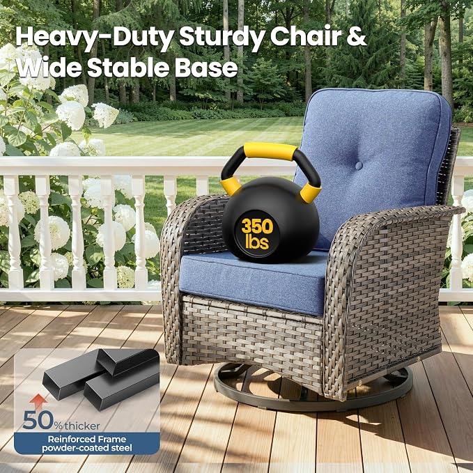 7 Piece Wicker Patio Furniture Set with Swivel Rocker Chairs, Blue | High Back Rocking Chair Sofa, Heavy Duty All Weather Rattan Outdoor Conversation Set, Thick Cushion, Balcony Porch Backyard