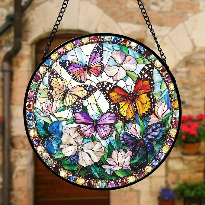 DASTOLL Stained Glass Window Hanging, Colorful Butterfly Suncatcher for Doors Home Sun Catchers Decoration and Christmas, Mother's Day Birthday Gifts for Women, Men, and Mom 6.3 in