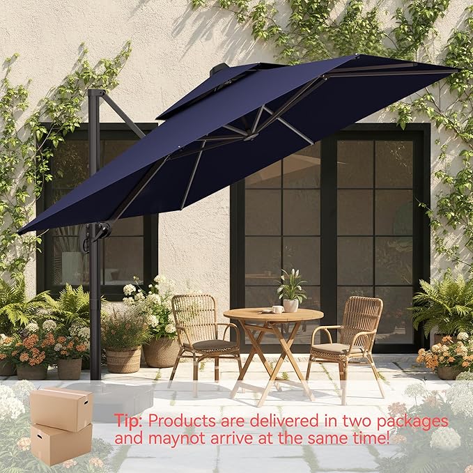 10x10 FT Patio Umbrella with Base, Large Cantilever Double Top Heavy Duty Offset Umbrellas with 360° Rotation, Outdoor shade for Garden Deck Pool, Navy