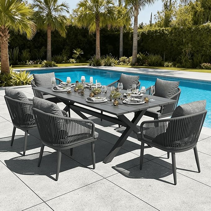 LayinSun 7 Pieces Outdoor Patio Dining Set, Aluminium Rectangular Dining Table and Wicker Rattan Chairs Set for Outside Backyard, Poolside