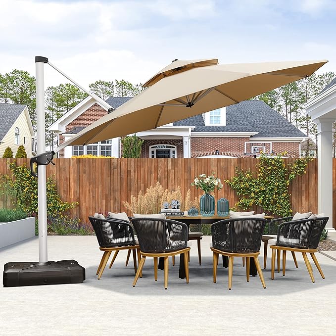 PURPLE LEAF 13 FT Cantilever Patio Umbrellas with Base Included, Large Round Offset Umbrella with 360° Rotation, Outdoor Aluminum Pool Umbrella for Pool Lawn Garden, Beige