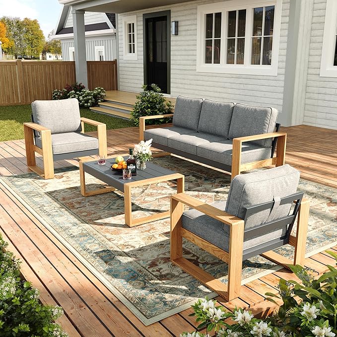Oversized Aluminum Outdoor Patio Furniture Set, 4-Piece Modern Sectional Conversation Sets with Coffee Table, Wide Seat and Thick Cushions