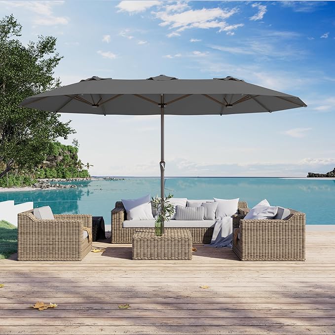 PatioKingdom 15FT Large Patio Umbrella with Base, Double Sided Rectangular Outdoor Umbrella with Sturdy Fiberglass Ribs, Market Umbrella for Pool,Garden,Backyard,Deck (Gray, 15FT)