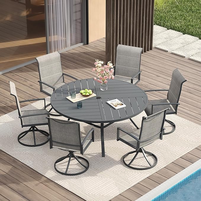 VICLLAX Patio Dining Set for 6, 6 Seats Outdoor Furniture Includes 50.1" Round Patio Table and Swivel Padded Chairs, Grey Tabletop and Grey Fabric