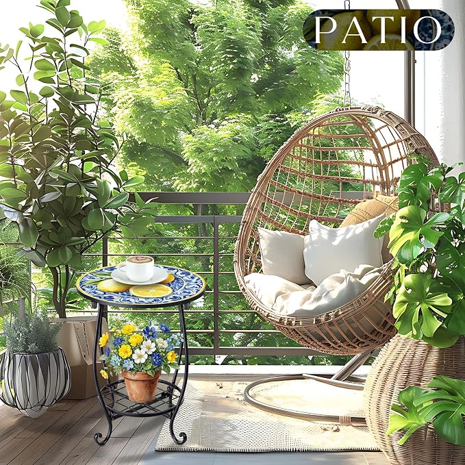 Cinnvoice Outdoor Side Table Round Small Mosaic Patio Accent Indoor End Plant Coffee Tea Table for Yard Patio Porch Garden Living Room, Bedroom(Lemon Style,14 Inch)