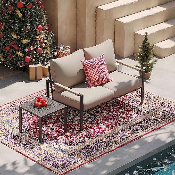 Sundale Outdoor 2 Pieces Metal Outdoor Furniture Set, Patio Loveseat with 6 Inch Cushions and Coffee Table, All- Weather Patio Sofa for Garden, Backyard, Porch or Balcony, Light Grey