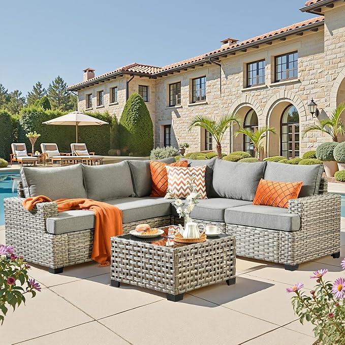 6 Pieces Outdoor Sectional Patio Furniture Set,Wicker Conversation Sets L Shaped Couch,Outdoor Sofa Outside Furniture with Solar Table Light(Dark Gray)