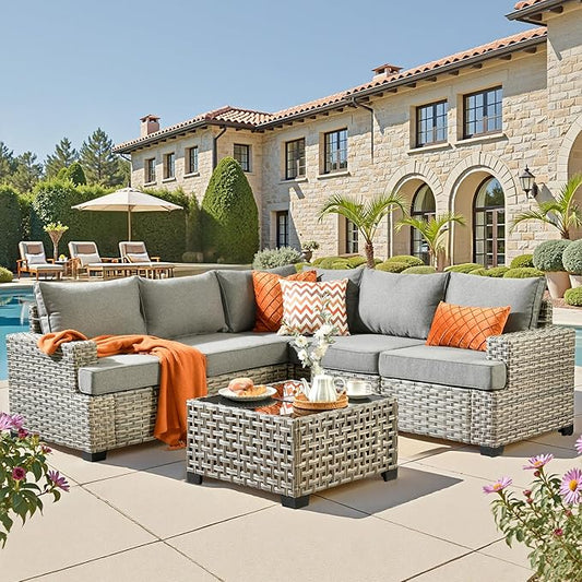 6 Pieces Outdoor Sectional Patio Furniture Set,Wicker Conversation Sets L Shaped Couch,Outdoor Sofa Outside Furniture with Solar Table Light(Dark Gray)