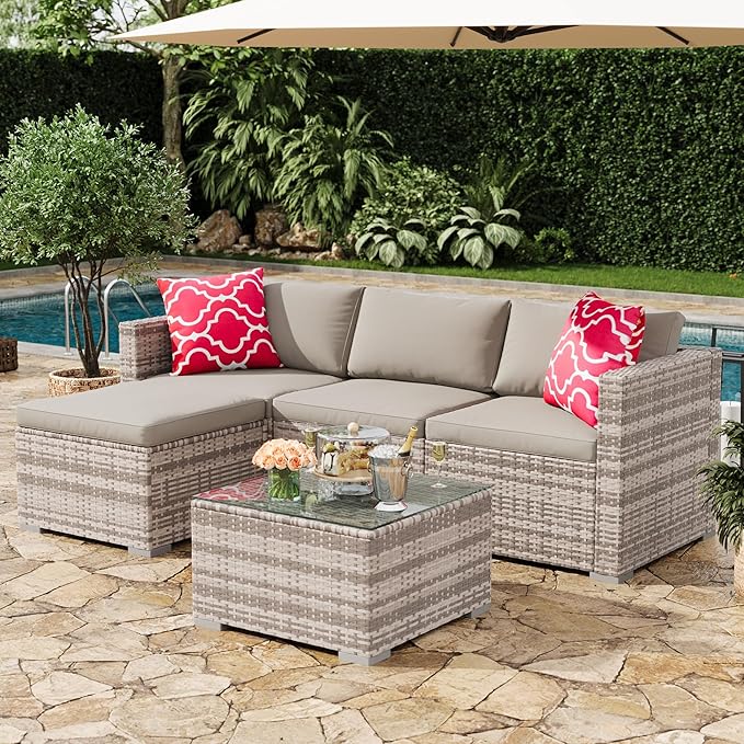 5-Piece Outdoor Sectional Sofa Set, All-Weather PE Rattan Patio Furniture with Ottoman & Tempered Glass Table, Convertible Garden Couch for Backyard, Porch, Poolside (Gray/Light Gray)