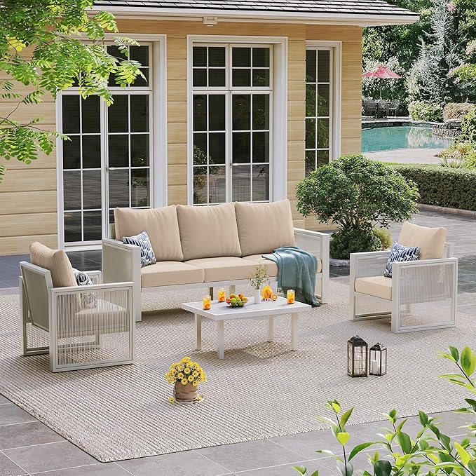 UDPATIO Aluminum Patio Furniture Set with Coffee Table, 4 Piece Aluminum Outdoor Furniture Set, Modern Patio Conversation Sets with Thickend Cushions and PE Rope, for Garden, Porch, Balcony, Beige
