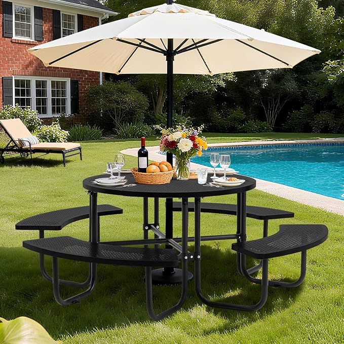 46" Round Heavy Duty Metal Picnic Table with 1.78" Umbrella Hole, Rustproof Coated Mesh Tabletop, Portable Round Outdoor Table for Patio, Lawn, Garden, Backyard & Camping, Black