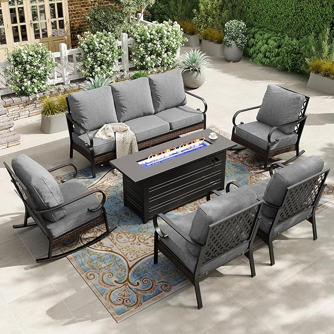 HERA'S HOUSE 6 Piece Metal Patio Furniture Set with 56" Fire Pit Table, All Weather Outdoor Conversation Set, 3 Seat Sofa, 2 Rocking Chairs, 2 Fixed Chairs, Seats 7 for Backyard, Garden, Deck, Grey
