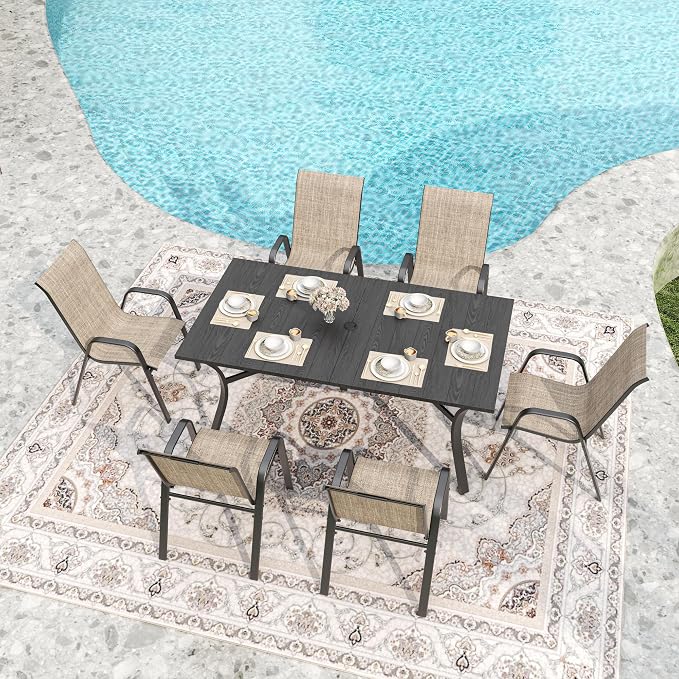 KEIKI 7-Piece Outdoor Patio Dining Set for 6, Waterproof Patio Table and Chair, 63" x 38" Rectangular Wood-Grain Metal Table with Umbrella Hole for Lawn Garden Backyard, Black+Brown