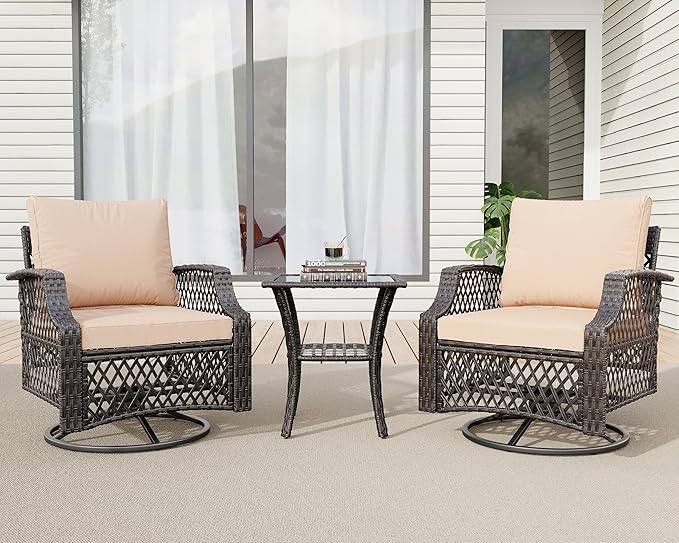HOMREST 3 Piece Outdoor Swivel Chair Set, Wicker Patio Bistro Set with Thickened 25D Cushions and Glass Coffee Table, Patio Furniture Conversation Set for Deck, Yard, Garden, Poolside(Khaki)