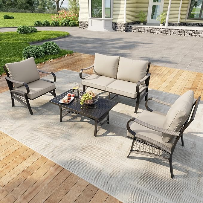 4 Pieces Patio Furniture Set, Metal Outdoor Conversation Sets with Coffee Table, Modern Couch Sofa Set Includes Single Chairs and Loveseat Seating Group (Thick Beige Cushions)