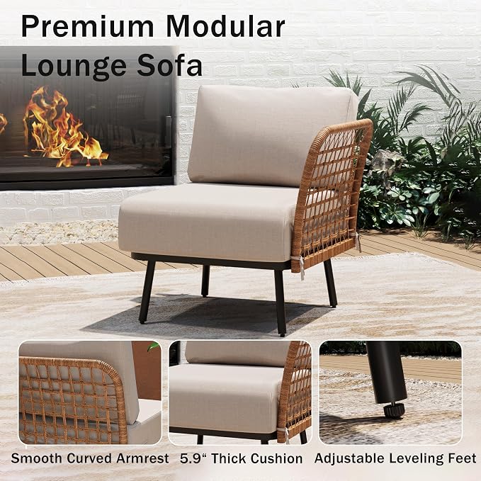 6-Piece Patio Conversation Set, Outdoor Sectional Sofa Modular Wicker Furniture with Thick Cushions & Wood Grain Coffee Table, Patio Furniture for Backyard Porch