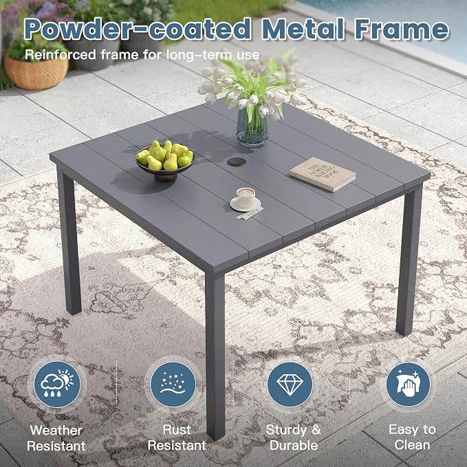 DIFY 5 Pieces Outdoor Dining Set, Metal Patio Table and Chairs Set for 4 with Umbrella Hole, 40.2" Square Dining Table and Textilene Stackable Patio Chairs for Garden Backyard Poolside, Grey