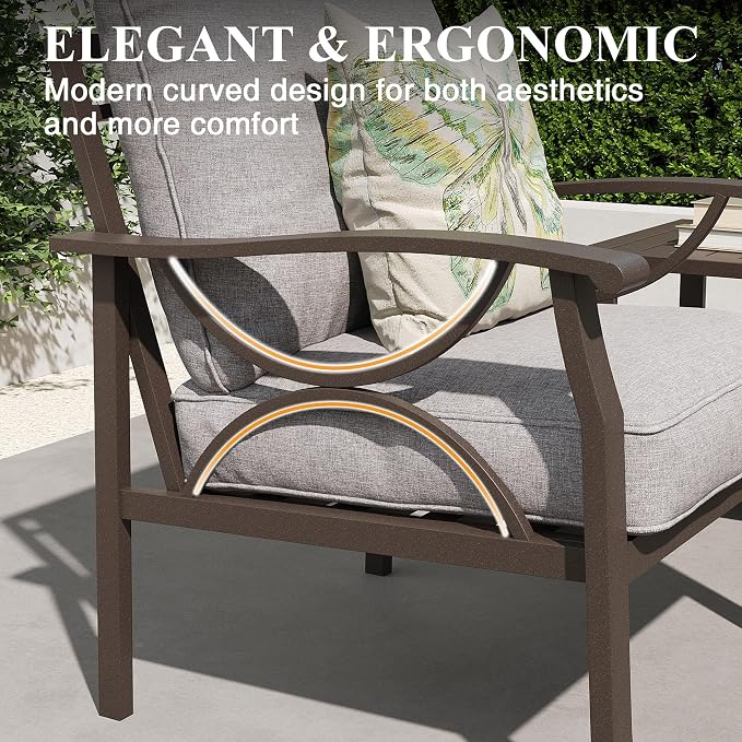 RoyalCraft Outdoor Patio Furniture Set, 4 Piece Patio Conversation Set with Coffee Table, Metal Furniture Set for Porch Backyard Garden, Grey