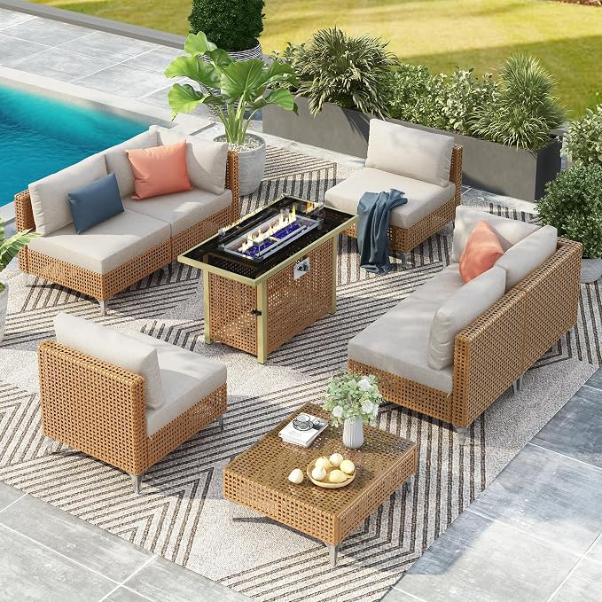 VilroCaz 8-Piece Outdoor Patio Furniture Set, All-Weather Wicker Conversation Sofa Sets with Coffee Table and 43" Fire Pit Table for Outdoor Couch, Porch, Backyard