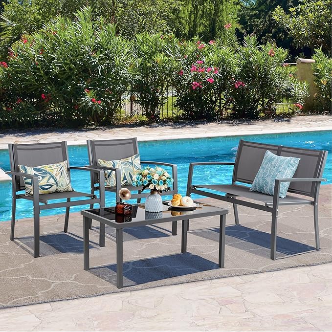 Vongrasig 4 Pieces Patio Furniture Sets, Small Modern Metal Textilene Outdoor Furniture Conversation Sets, Lawn Garden Porch Balcony Mesh Bistro Set Backyard Patio Set w/Loveseat&Glass Table (Grey)
