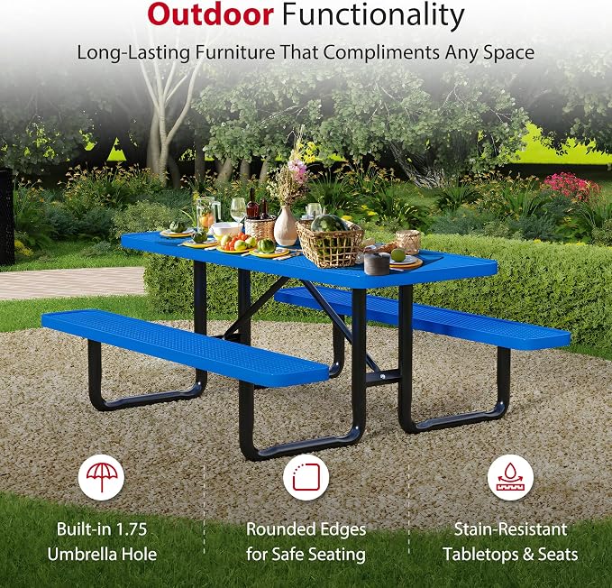 Leisure Craft Metal Picnic Table with Bench - 6 ft Rectangle Outdoor Dining Table for 6, Umbrella Hole, Weatherproof Heavy Duty Thermoplastic Coating, Commercial Grade Furniture Made in USA - Blue