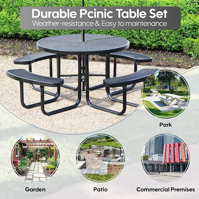 46" Round Picnic Tables for Outdoors,Commercial Metal Picnic Table Bench Set W/ Umbrella Hole,Restaurant School Canteen Tables W/Seats - Heavy Duty Sturdy Picnic Tables for Patio Garden Coffee Shop