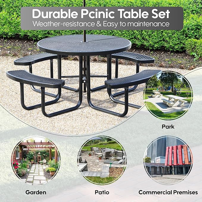 46 Inch Round Outdoor Metal Picnic Table, All-Weather Patio Dining Set for 6-8 Adults, Heavy Duty Steel with Central Umbrella Hole, Perfect for Garden, Backyard, Deck & Small Spaces - Easy Assembly