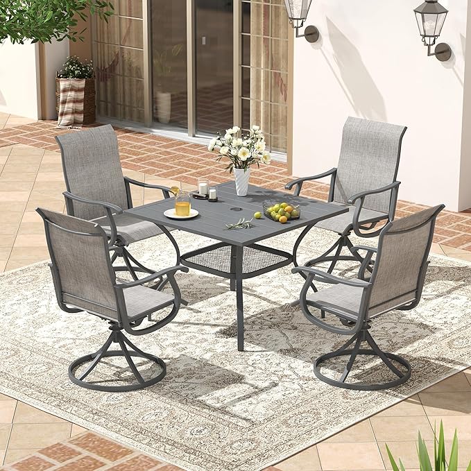 VICLLAX Patio 5 Pieces Outdoor Dining Set for 4, 38" Square Metal Dining Table with Umbrella Hole and 4 Swivel Textilene Chairs for Lawn,Garden,Porch,Dark Grey/Grey