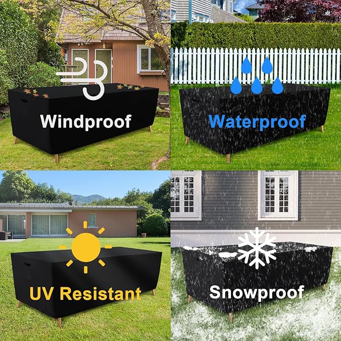 Tempera Patio Furniture Cover,Outdoor Table And Chair Covers Waterproof, Outdoor Dining Set Cover,Heavy Duty Rectangle Patio Furniture Covers,102''L x 74''W x 27.8''H,Black