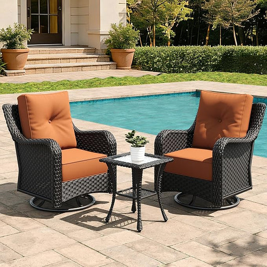 3 Pieces Outdoor Furniture Set with 6-inch Cushions, High Back Wicker Swivel Rocker Chairs with Coffee Table, Luxury Conversation Set for Deck Patio and Poolside